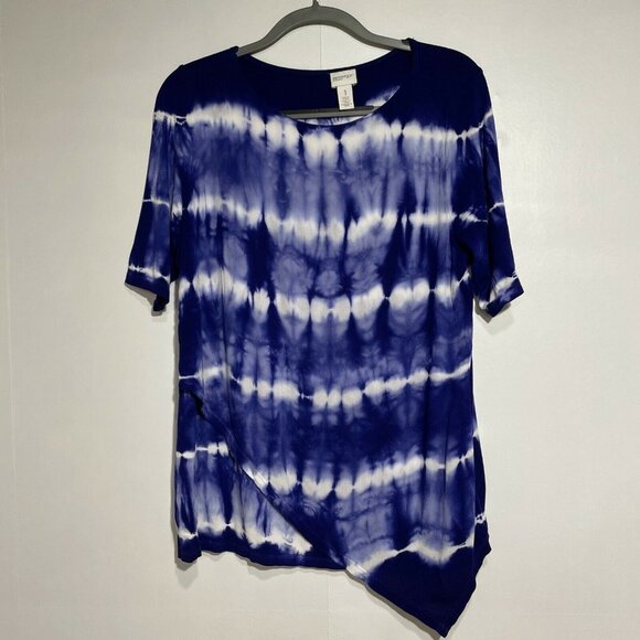 Zenergy By Chico’s Blue White Tie Dye Asymmetric hem Rayon Top size 1 (US M) - Picture 1 of 5